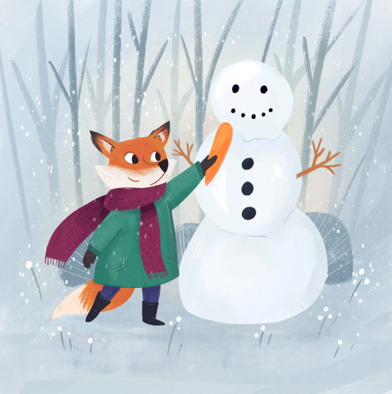 Illustration d'un renard et d'un bonhomme de neige